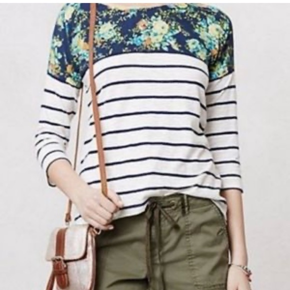 Anthropologie 9-HI5 STCL Mixed Print 3/4 Sleeve Scooped Neck Tee Shirt - XS - Picture 1 of 6